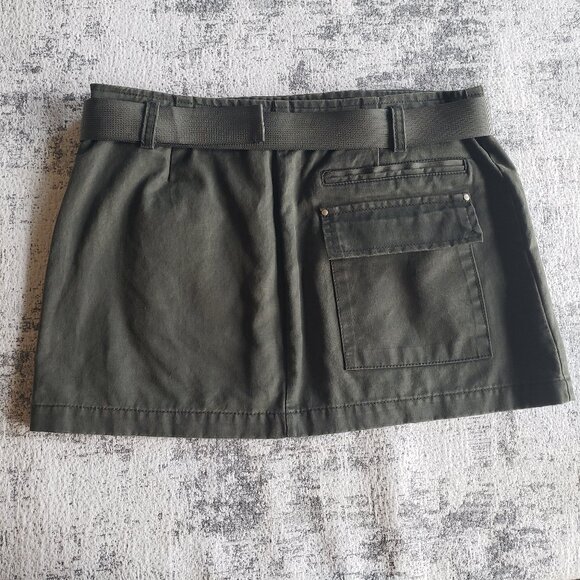 Olive Green Waxed Denim Jean Belted Utility Mini Skirt with Pockets - Picture 2 of 10